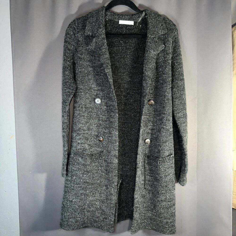Sugar Rain Sweater Womens L Gray Open Front Cardigan Long Duster Pockets Grandpa
